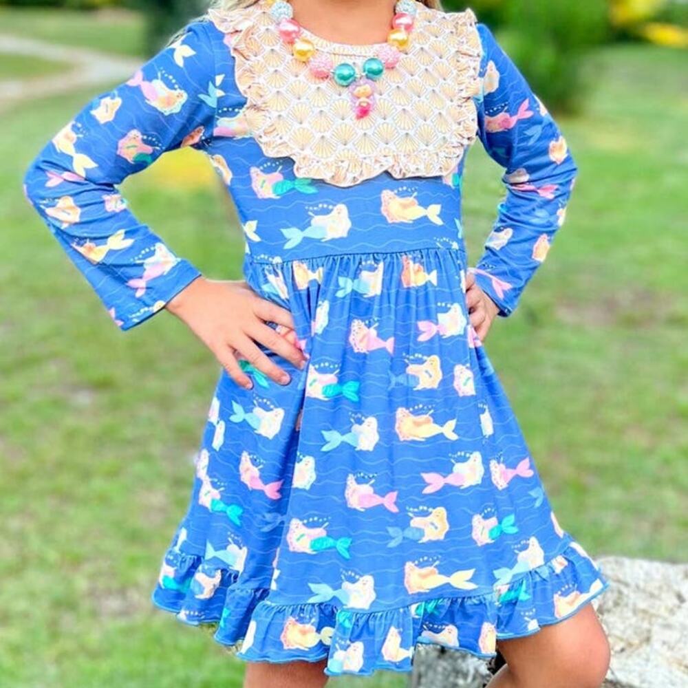 PETE + LUCY Mermaid and Shells Long Sleeve Ruffle Bib Dress 2T